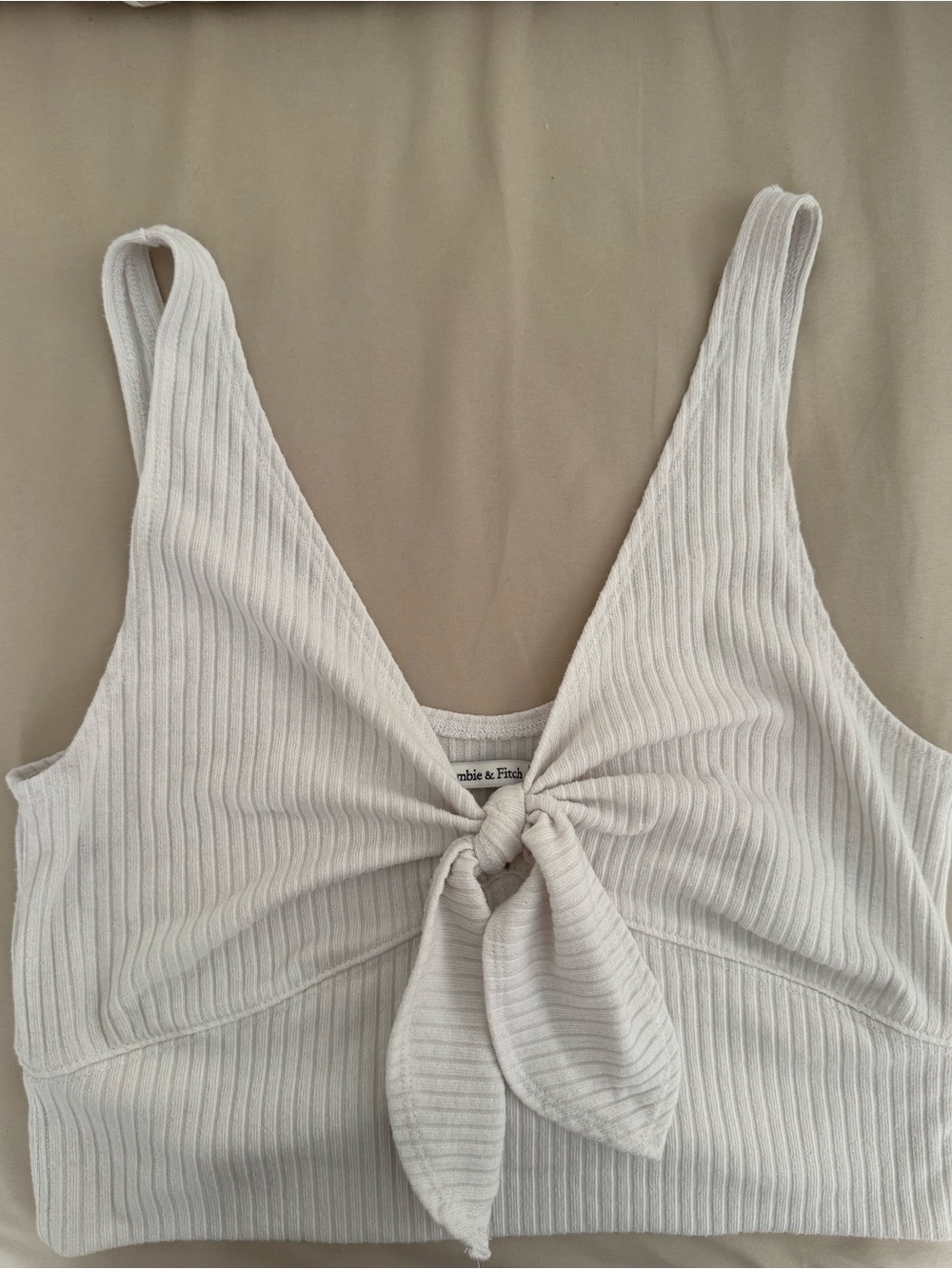 Abercrombie & Fitch Cream Ribbed Tie-Front Crop Top